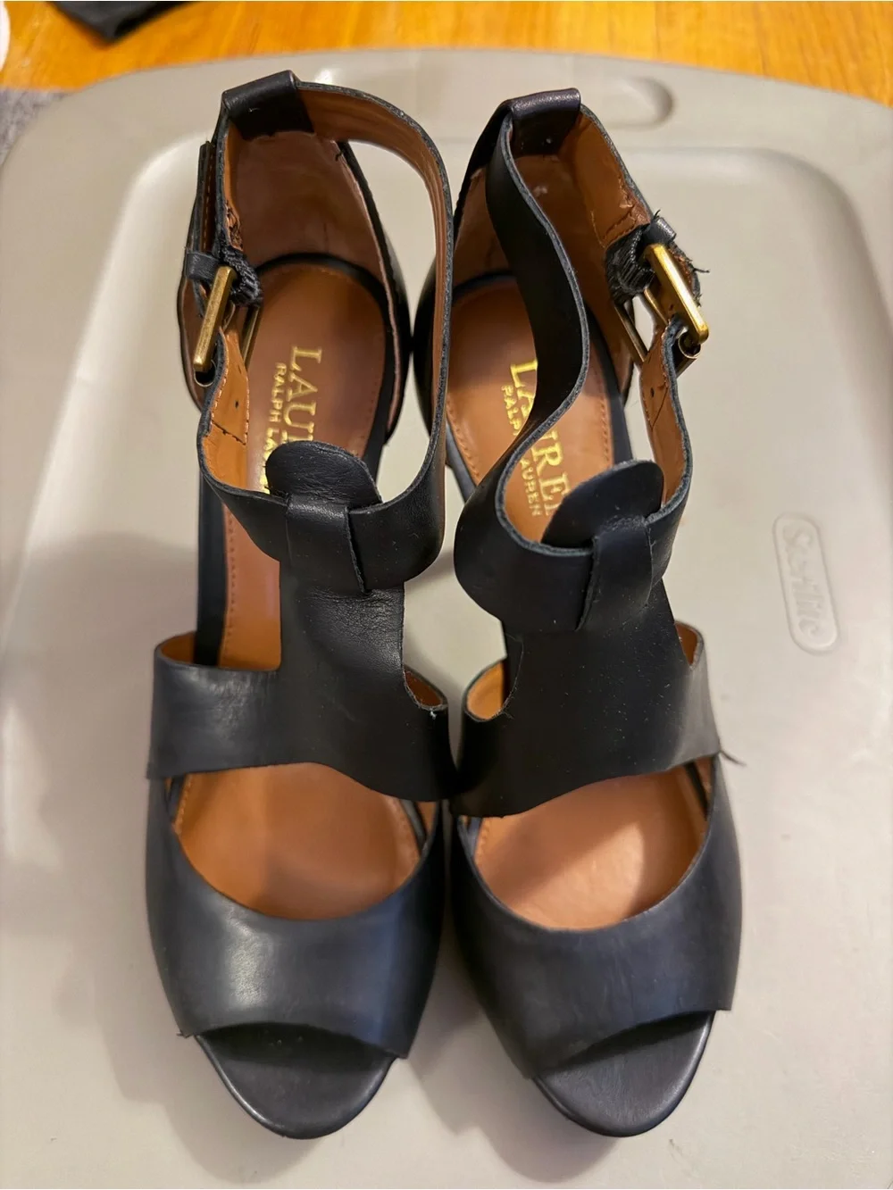 Lauren Ralph Lauren Black Leather T-Strap Heels with Gold Buckles